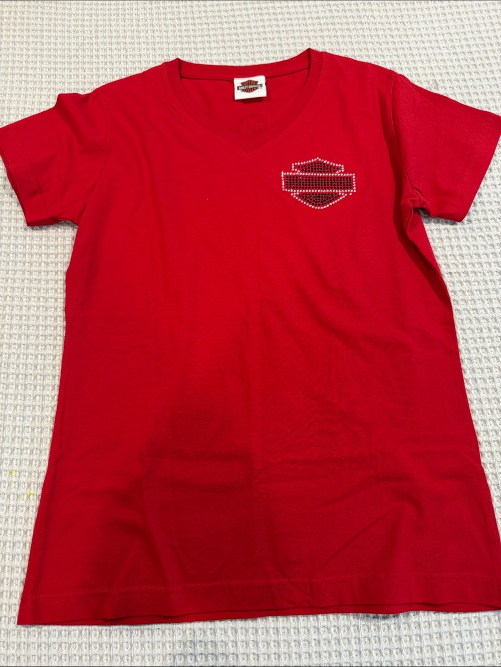 Harley-Davidson Red V-Neck Tee with Rhinestone Shield
